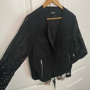 DKNY Women's Jacket Medium Bomber Crocheted Collarless Black M